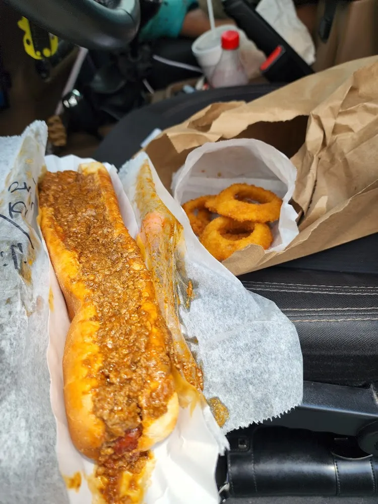 Foot Long Chili Dog and Onion Rings